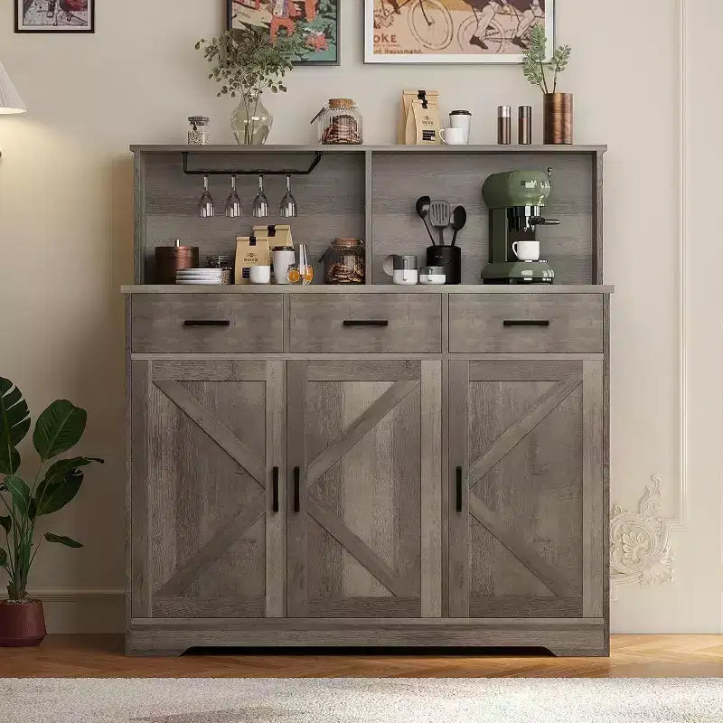 Buffet de salle à manger avec support pour micro-ondes, 3 tiroirs, rangement avec portes coulissantes et étagères réglables