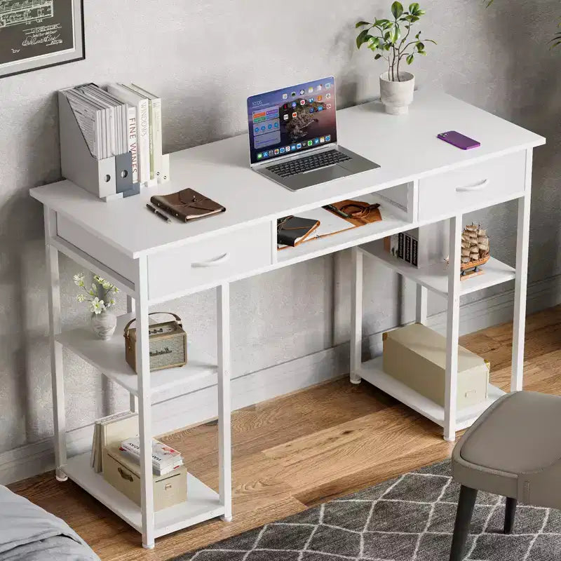 Bureau informatique avec rangement, sac de rangement latéral en tissu et crochet pour casque, cadre métallique (120 x 40 x 77,7 cm)