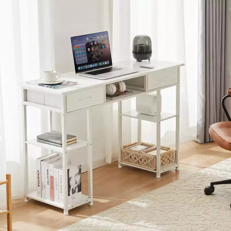 Bureau informatique avec rangement, sac de rangement latéral en tissu et crochet pour casque, cadre métallique (120 x 40 x 77,7 cm)