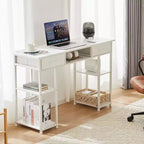 Bureau informatique avec rangement, sac de rangement latéral en tissu et crochet pour casque, cadre métallique (120 x 40 x 77,7 cm)