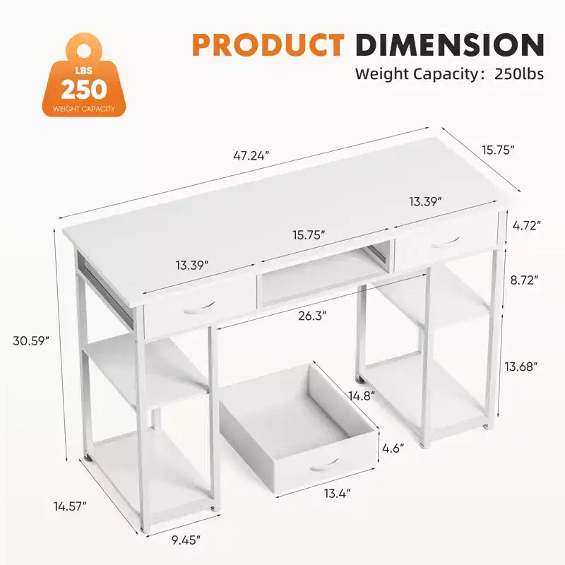 Bureau informatique avec rangement, sac de rangement latéral en tissu et crochet pour casque, cadre métallique (120 x 40 x 77,7 cm)