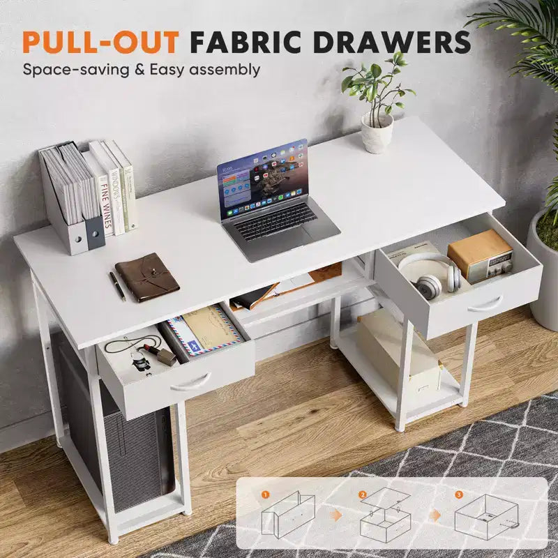 Bureau informatique avec rangement, sac de rangement latéral en tissu et crochet pour casque, cadre métallique (120 x 40 x 77,7 cm)