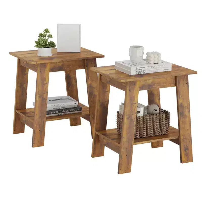 Modern End Table Set of 2, Wooden Sofa Side Table with 2 Tier Storage Shelf, Bedroom Nightstand for Small Spaces, Bedside Table for Bedroom