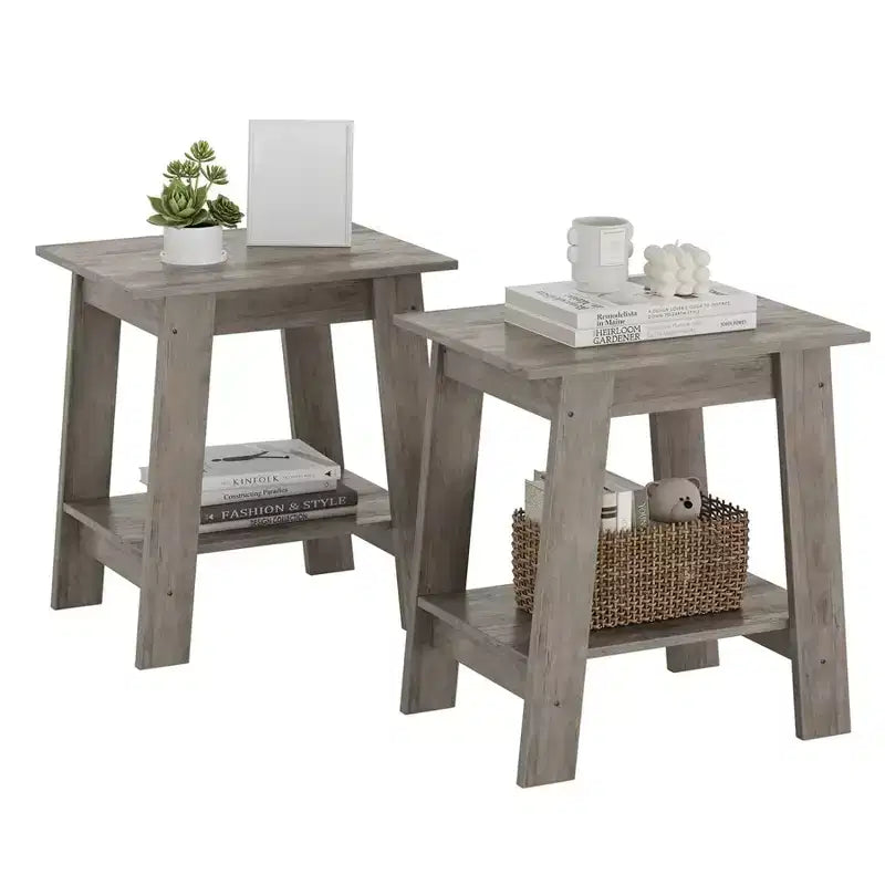 Ensemble de 2 tables d'appoint avec étagère de rangement à 2 niveaux