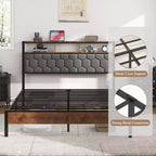 Lit plateforme en bois avec tête de lit capitonnée et ports de chargement USB
