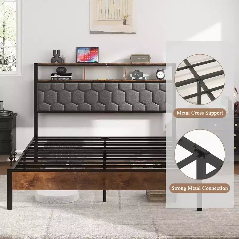 Lit plateforme en bois avec tête de lit capitonnée et ports de chargement USB