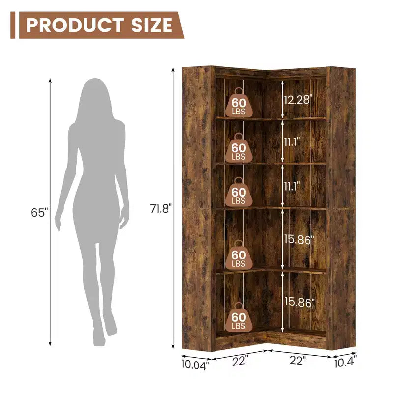 Étagère d'angle en forme de L de 182 cm, à 5 niveaux, en MDF, pour salon, chambre et bureau