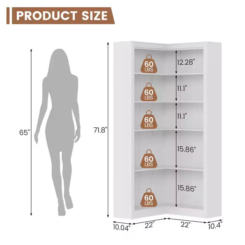 Étagère d'angle en forme de L de 182 cm, à 5 niveaux, en MDF, pour salon, chambre et bureau