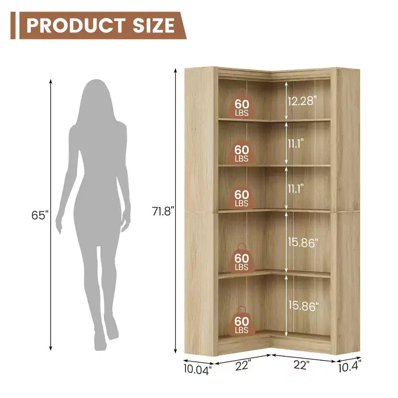 Étagère d'angle en forme de L de 182 cm, à 5 niveaux, en MDF, pour salon, chambre et bureau