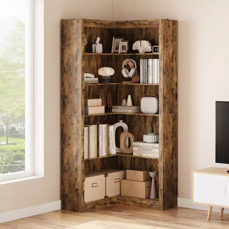 Étagère d'angle en forme de L de 182 cm, à 5 niveaux, en MDF, pour salon, chambre et bureau