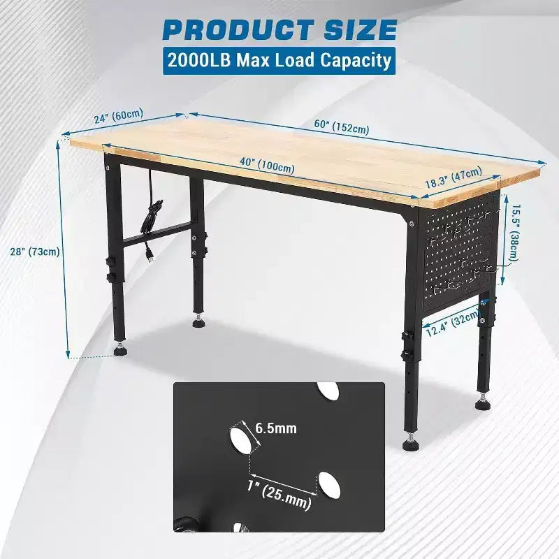 Établi robuste avec plateau en bois d'hévéa, panneau perforé et prise de courant – Hauteur réglable, roues verrouillables, capacité de 907 kg