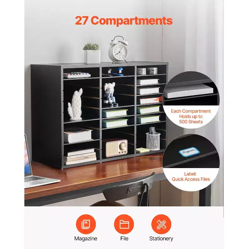 Organiseur de documents à 27 compartiments avec étagères amovibles, Panneau de particules, Noir
