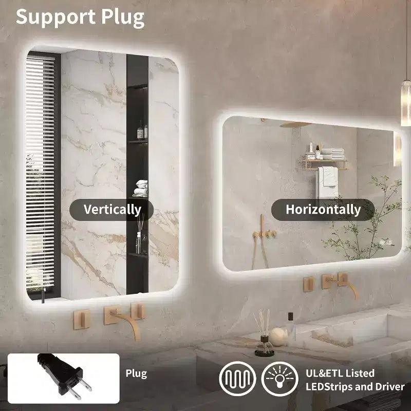 Miroir de salle de bain LED rétroéclairé 24 x 36 pouces avec fonction anti-buée