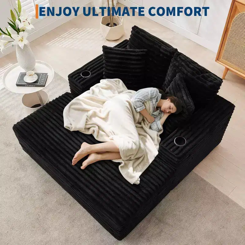 Canapé de salon en velours côtelé avec porte-gobelets et ports de charge