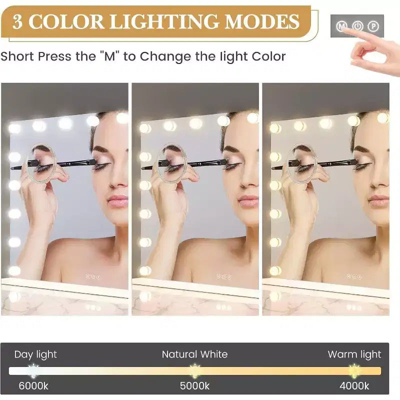 Miroir de courtoisie à LED avec loupe 3X, variateur tactile, éclairage 3 couleurs, chargement USB, à poser ou à fixer au mur, 45x58 cm, blanc