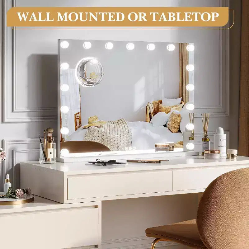 Miroir de courtoisie à LED avec loupe 3X, variateur tactile, éclairage 3 couleurs, chargement USB, à poser ou à fixer au mur, 45x58 cm, blanc