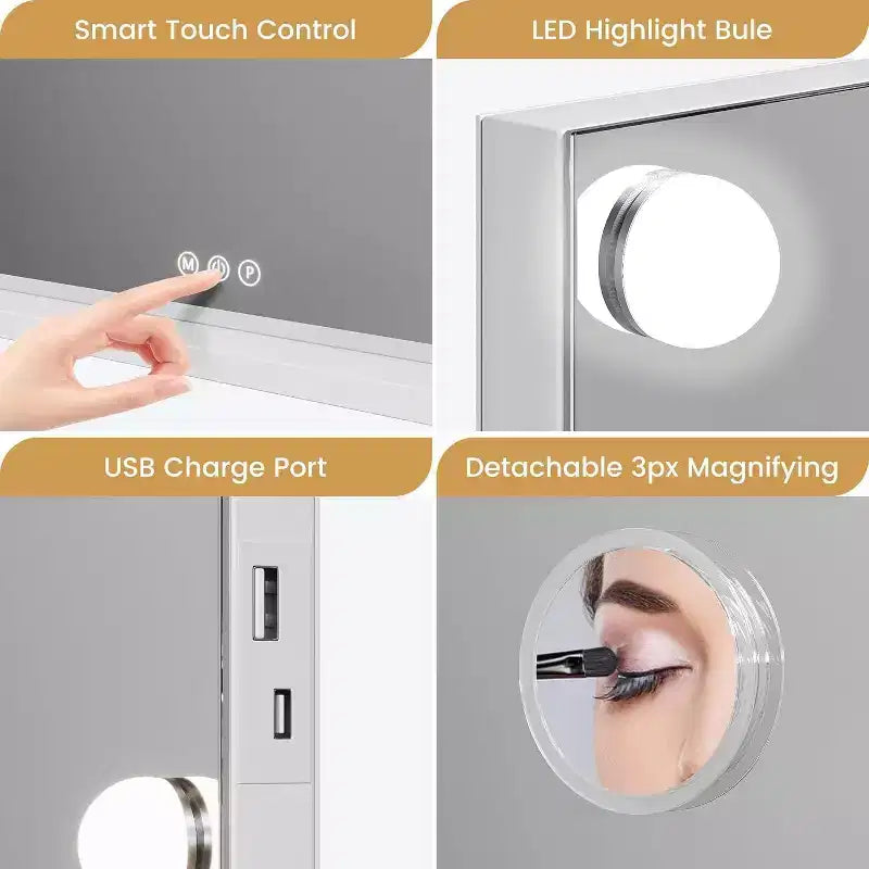 Miroir de courtoisie à LED avec loupe 3X, variateur tactile, éclairage 3 couleurs, chargement USB, à poser ou à fixer au mur, 45x58 cm, blanc