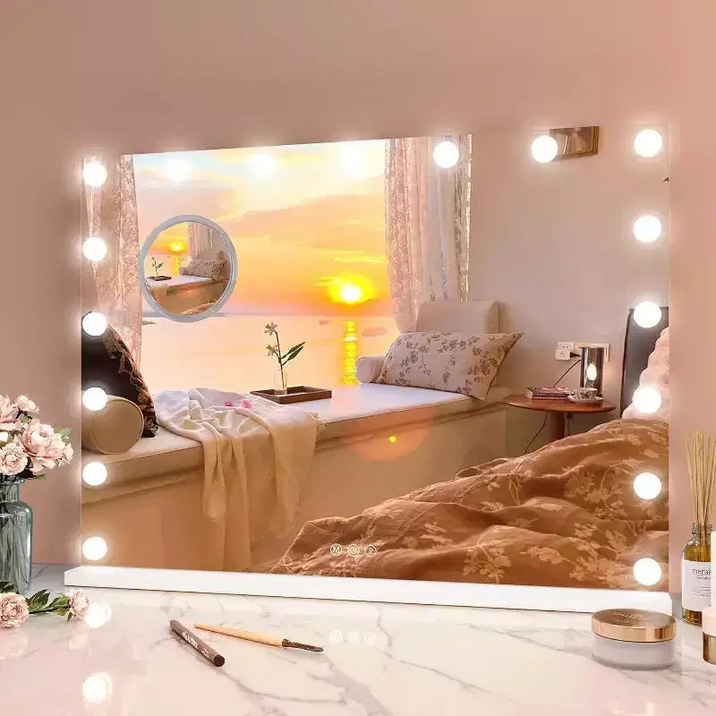 Miroir de courtoisie à LED avec loupe 3X, variateur tactile, éclairage 3 couleurs, chargement USB, à poser ou à fixer au mur, 45x58 cm, blanc