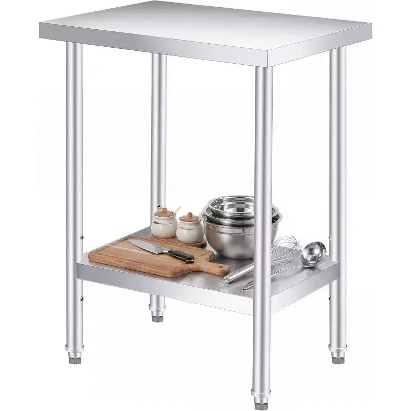 Table de travail en acier inoxydable avec roulettes verrouillables, table de préparation utilitaire en métal à 2 niveaux avec étagère inférieure réglable