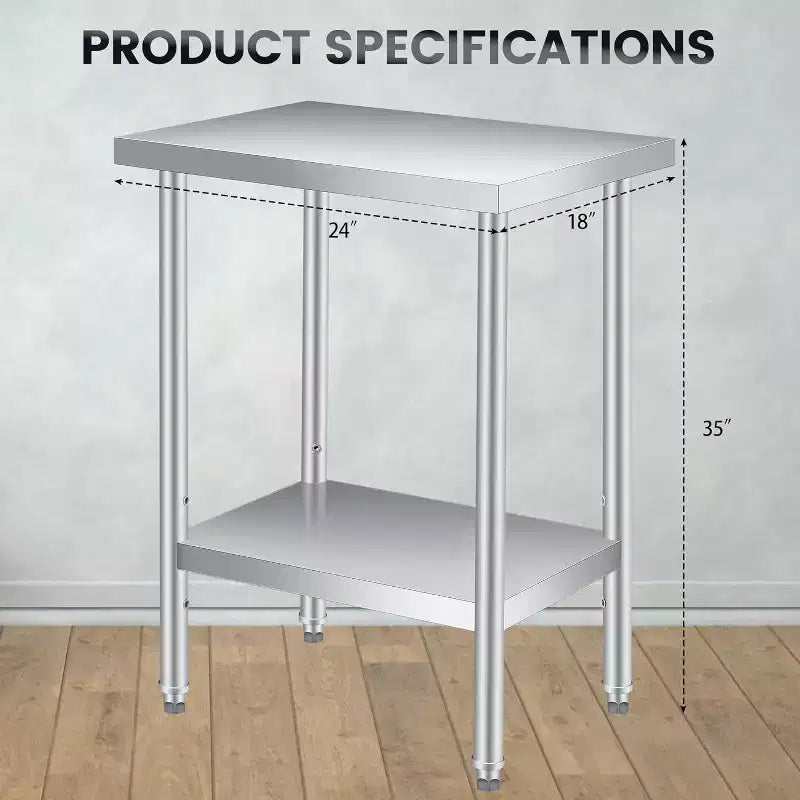 Table de travail en acier inoxydable avec roulettes verrouillables, table de préparation utilitaire en métal à 2 niveaux avec étagère inférieure réglable