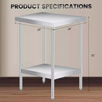 Table de travail en acier inoxydable avec roulettes verrouillables, table de préparation utilitaire en métal à 2 niveaux avec étagère inférieure réglable