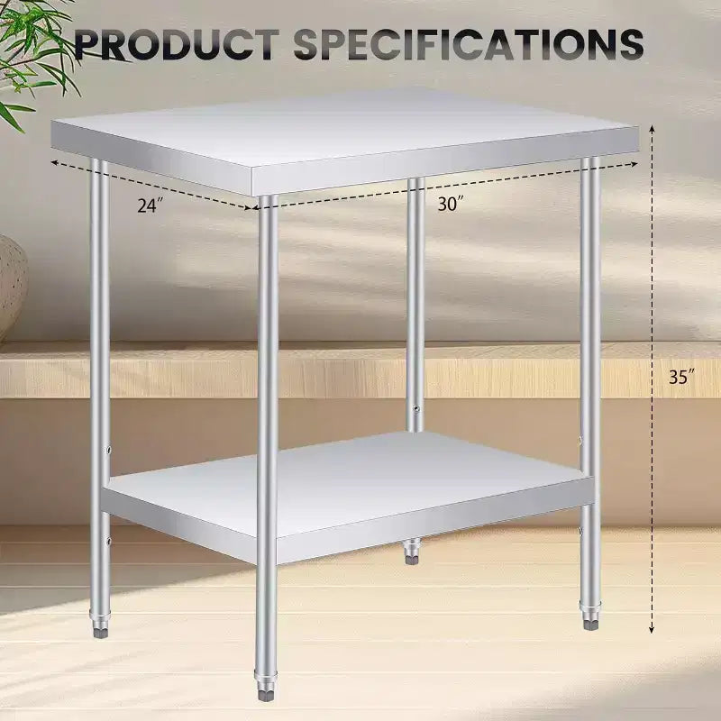 Table de travail en acier inoxydable avec roulettes verrouillables, table de préparation utilitaire en métal à 2 niveaux avec étagère inférieure réglable