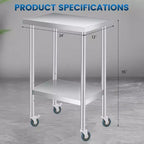 Table de travail en acier inoxydable avec roulettes verrouillables, table de préparation utilitaire en métal à 2 niveaux avec étagère inférieure réglable
