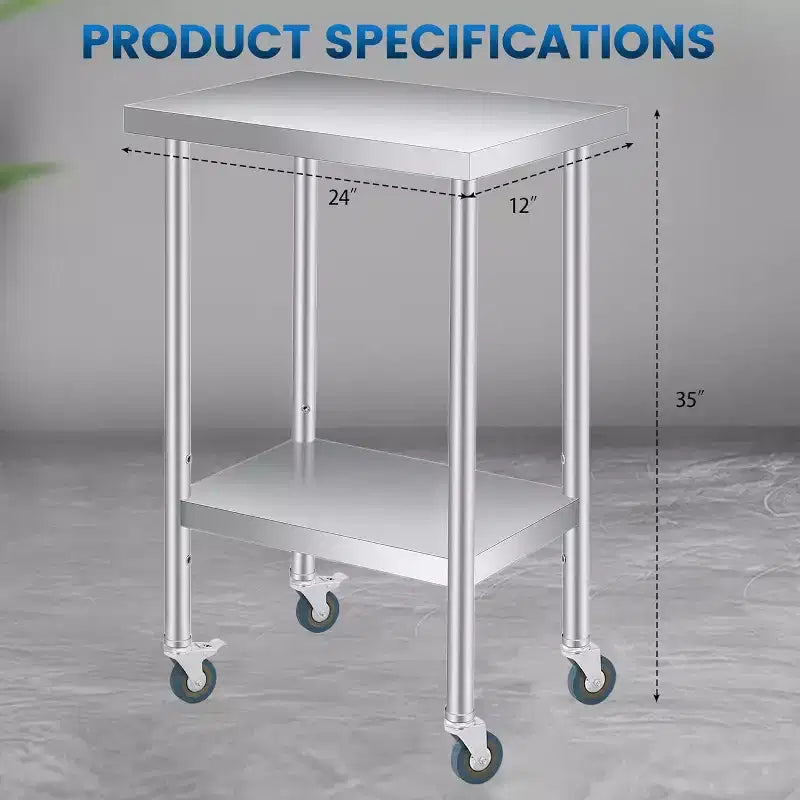 Table de travail en acier inoxydable avec roulettes verrouillables, table de préparation utilitaire en métal à 2 niveaux avec étagère inférieure réglable