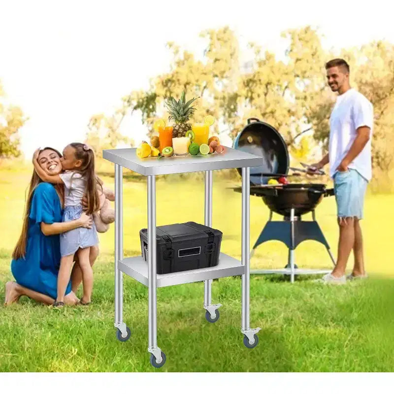 Table de travail en acier inoxydable avec roulettes verrouillables, table de préparation utilitaire en métal à 2 niveaux avec étagère inférieure réglable