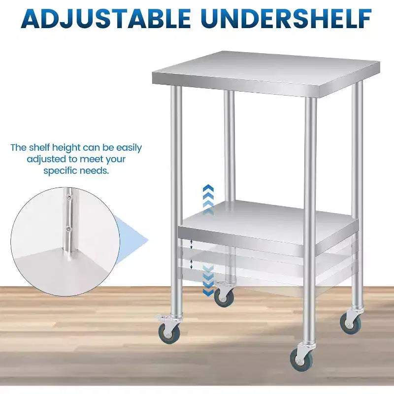 Table de travail en acier inoxydable avec roulettes verrouillables, table de préparation utilitaire en métal à 2 niveaux avec étagère inférieure réglable