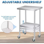 Table de travail en acier inoxydable avec roulettes verrouillables, table de préparation utilitaire en métal à 2 niveaux avec étagère inférieure réglable