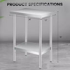 Table de travail en acier inoxydable avec roulettes verrouillables, table de préparation utilitaire en métal à 2 niveaux avec étagère inférieure réglable