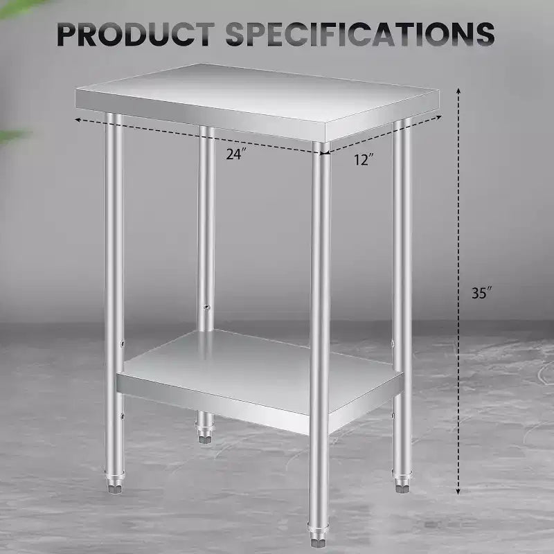 Table de travail en acier inoxydable avec roulettes verrouillables, table de préparation utilitaire en métal à 2 niveaux avec étagère inférieure réglable