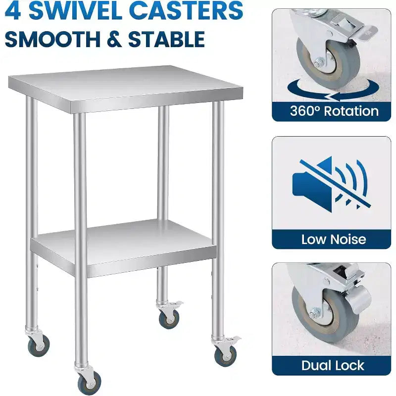 Table de travail en acier inoxydable avec roulettes verrouillables, table de préparation utilitaire en métal à 2 niveaux avec étagère inférieure réglable