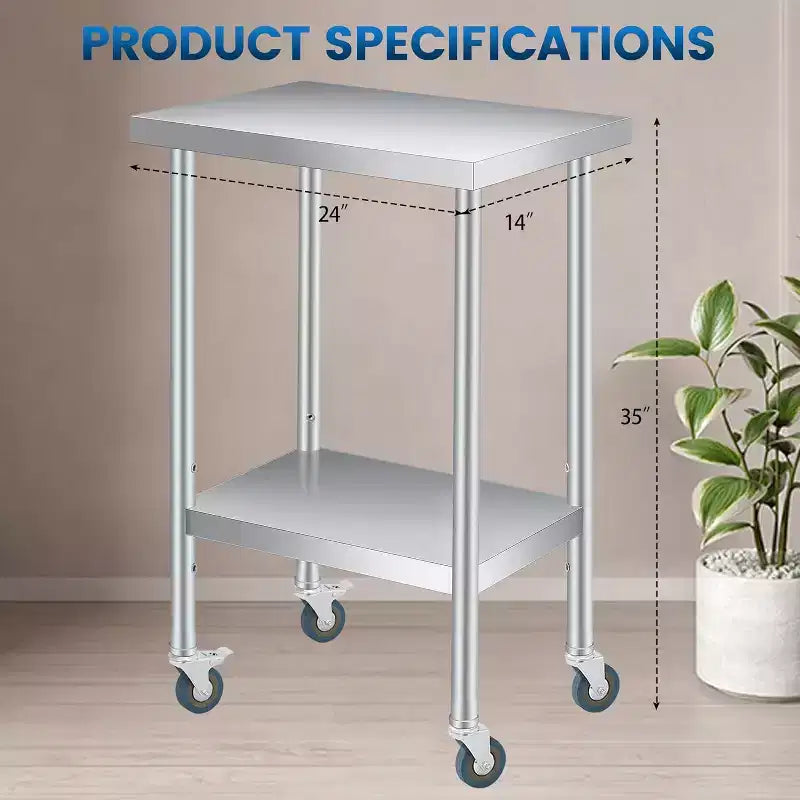 Table de travail en acier inoxydable avec roulettes verrouillables, table de préparation utilitaire en métal à 2 niveaux avec étagère inférieure réglable