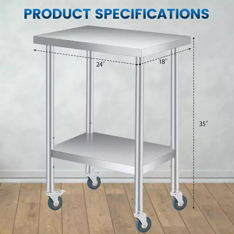 Table de travail en acier inoxydable avec roulettes verrouillables, table de préparation utilitaire en métal à 2 niveaux avec étagère inférieure réglable