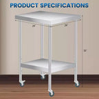 Table de travail en acier inoxydable avec roulettes verrouillables, table de préparation utilitaire en métal à 2 niveaux avec étagère inférieure réglable