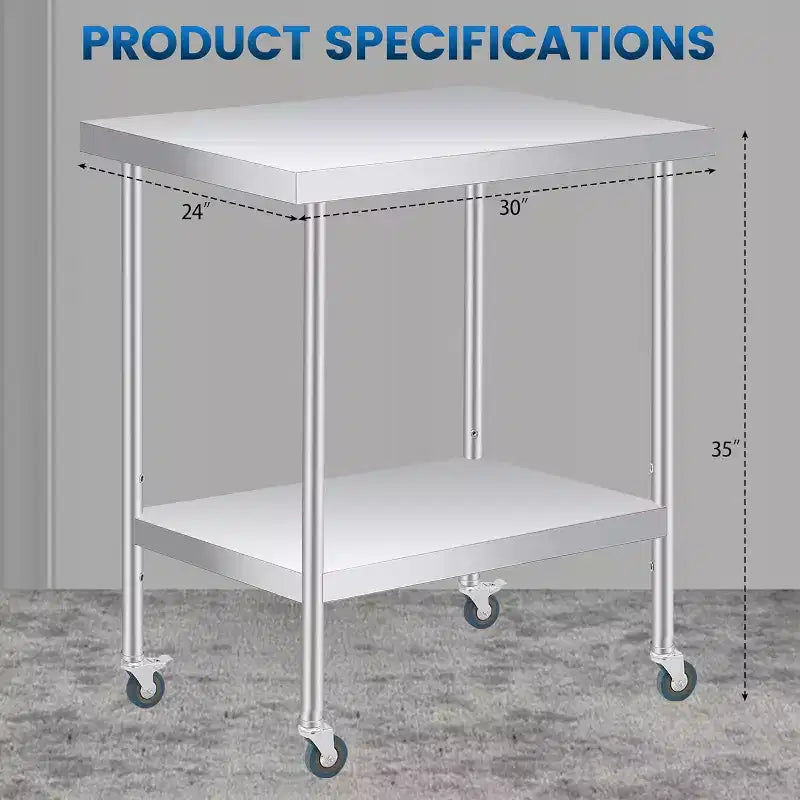 Table de travail en acier inoxydable avec roulettes verrouillables, table de préparation utilitaire en métal à 2 niveaux avec étagère inférieure réglable