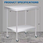 Table de travail en acier inoxydable avec roulettes verrouillables, table de préparation utilitaire en métal à 2 niveaux avec étagère inférieure réglable