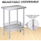 Table de travail en acier inoxydable avec roulettes verrouillables, table de préparation utilitaire en métal à 2 niveaux avec étagère inférieure réglable