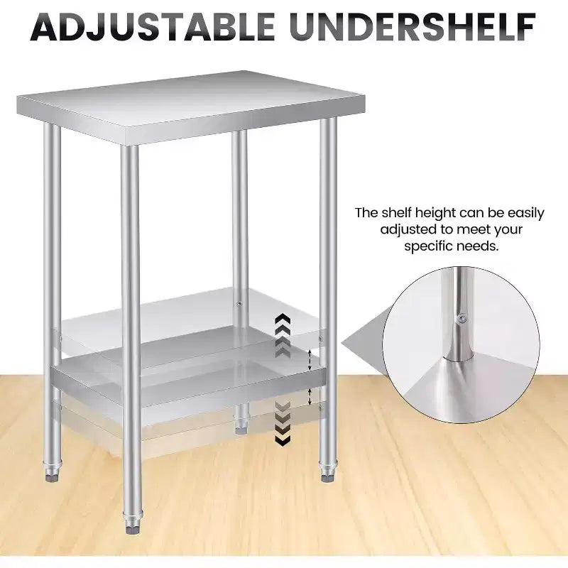 Table de travail en acier inoxydable avec roulettes verrouillables, table de préparation utilitaire en métal à 2 niveaux avec étagère inférieure réglable