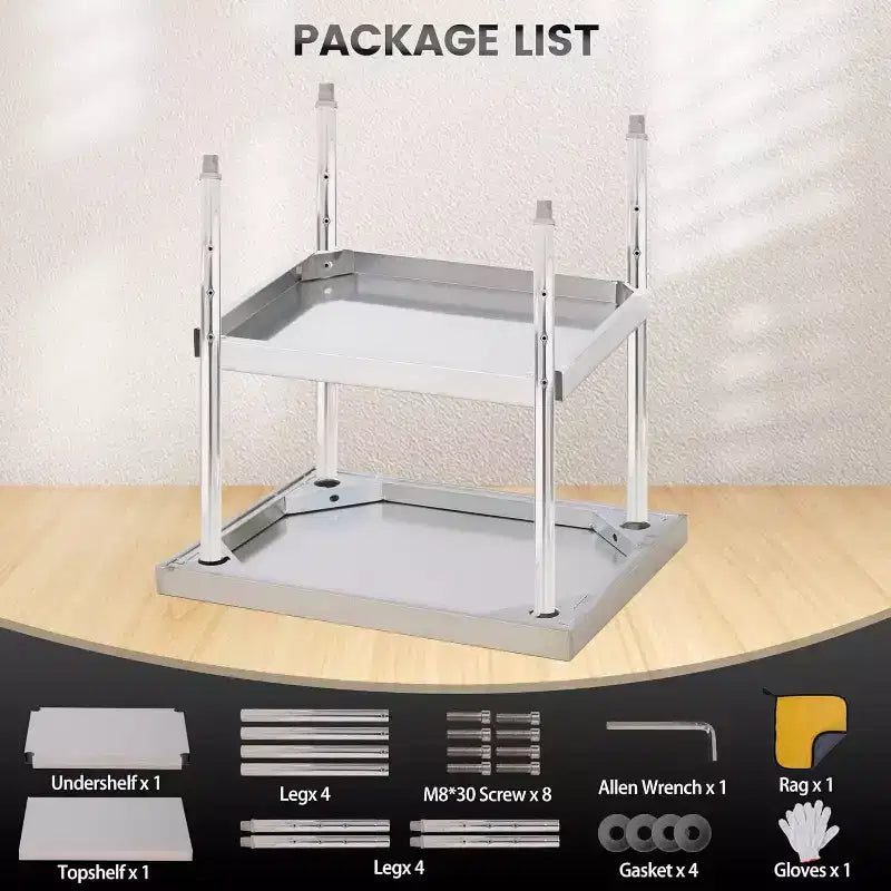 Table de travail en acier inoxydable avec roulettes verrouillables, table de préparation utilitaire en métal à 2 niveaux avec étagère inférieure réglable