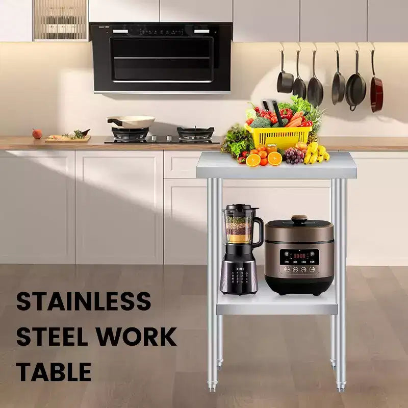 Table de travail en acier inoxydable avec roulettes verrouillables, table de préparation utilitaire en métal à 2 niveaux avec étagère inférieure réglable