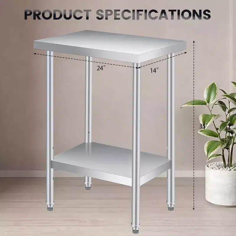 Table de travail en acier inoxydable avec roulettes verrouillables, table de préparation utilitaire en métal à 2 niveaux avec étagère inférieure réglable