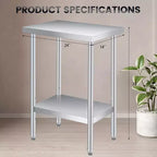 Table de travail en acier inoxydable avec roulettes verrouillables, table de préparation utilitaire en métal à 2 niveaux avec étagère inférieure réglable