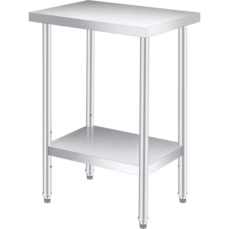 Table de travail en acier inoxydable avec roulettes verrouillables, table de préparation utilitaire en métal à 2 niveaux avec étagère inférieure réglable