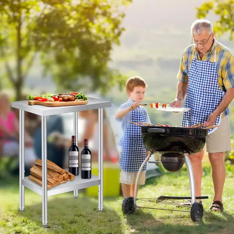 Table de travail en acier inoxydable avec roulettes verrouillables, table de préparation utilitaire en métal à 2 niveaux avec étagère inférieure réglable