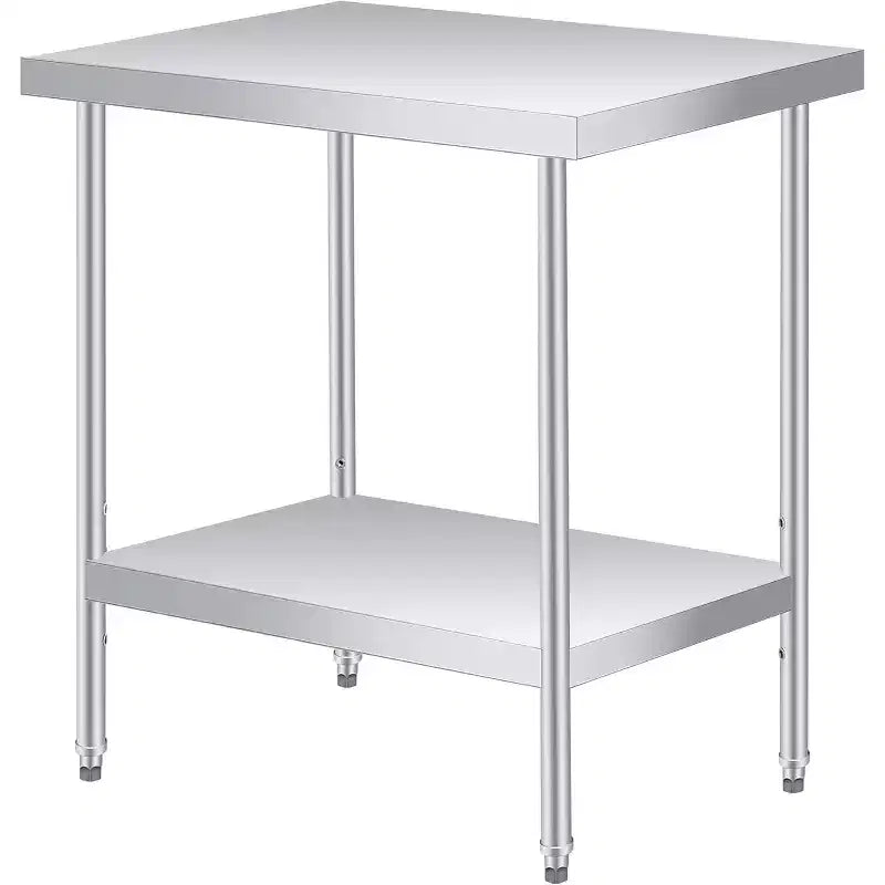 Table de travail en acier inoxydable avec roulettes verrouillables, table de préparation utilitaire en métal à 2 niveaux avec étagère inférieure réglable