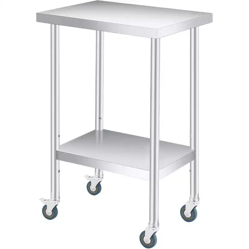 Table de travail en acier inoxydable avec roulettes verrouillables, table de préparation utilitaire en métal à 2 niveaux avec étagère inférieure réglable