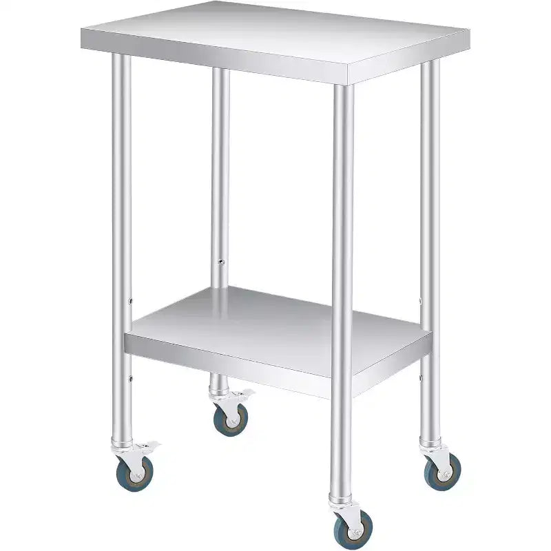 Table de travail en acier inoxydable avec roulettes verrouillables, table de préparation utilitaire en métal à 2 niveaux avec étagère inférieure réglable